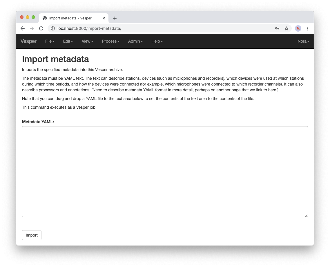 The import metadata page.