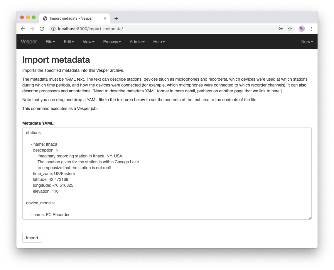 The import metadata page, including metadata.